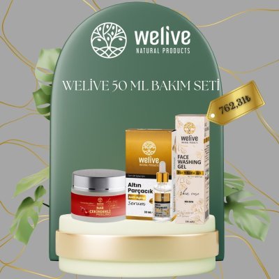 WELIVE 3 LÜ SET (NAR ÇEKİRDEKLİ PEELİNG + YÜZ YIKAMA JEL+ALTIN PARÇAÇIKLI SERUM)